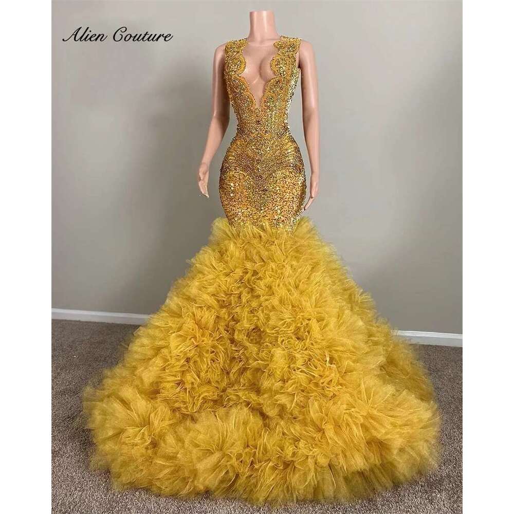 Sparkly Gold Dias Long Mermaid Prom Dresses Glitter Crystal Beading Sequins Ruffles Evening Gown Robe Customized Dr0318