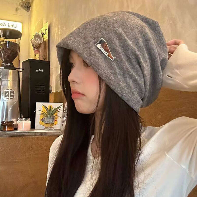 Lazy style big head circumference pile metal tag toe cap women's autumn internet famous cold knitted hat