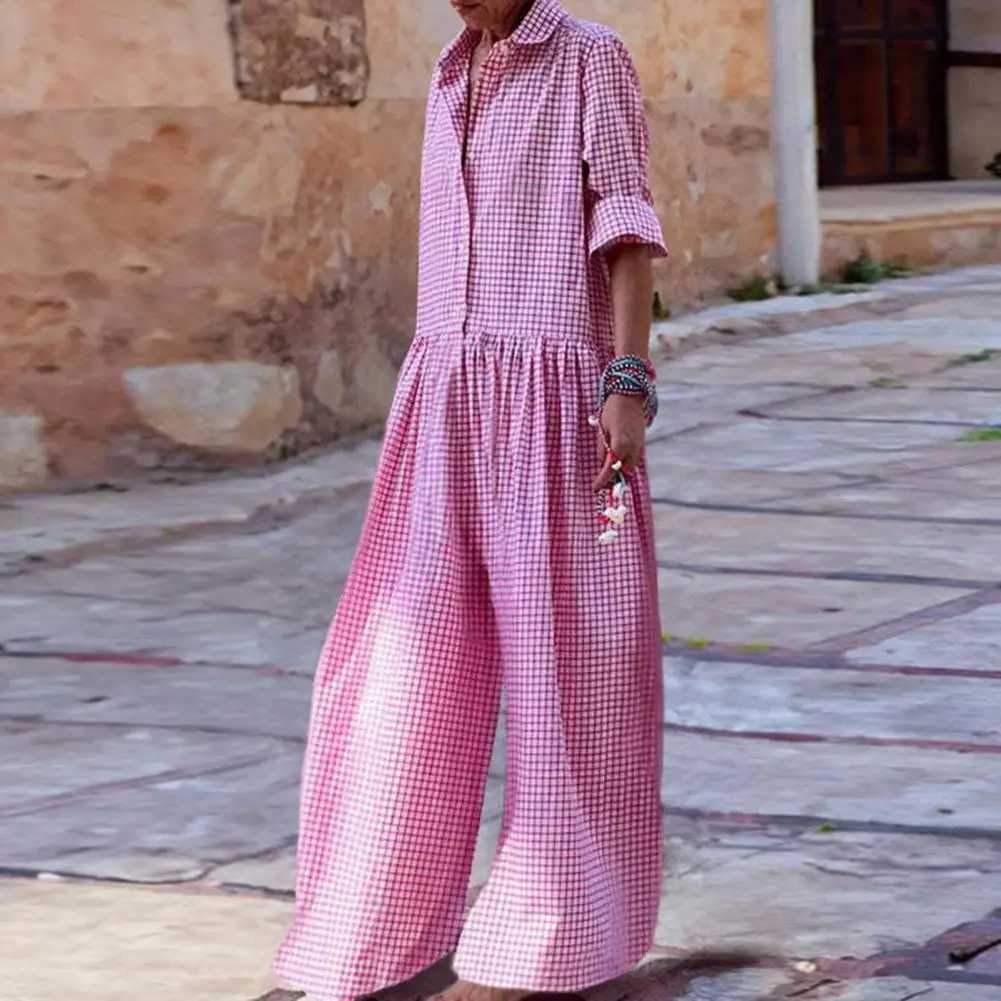 Soft Jumpsuit Stylish Check Print Womens Jumpsuit with Long Slves Wide Legs Casual Loose Fit for A Fashionable Look Elastic X250318