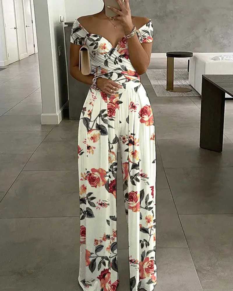 Deioao floral print high waisted womens jumpsuit fashionable womens summer wide leg pants office womens spring summer ultra-thin pants jumpsuit X25031