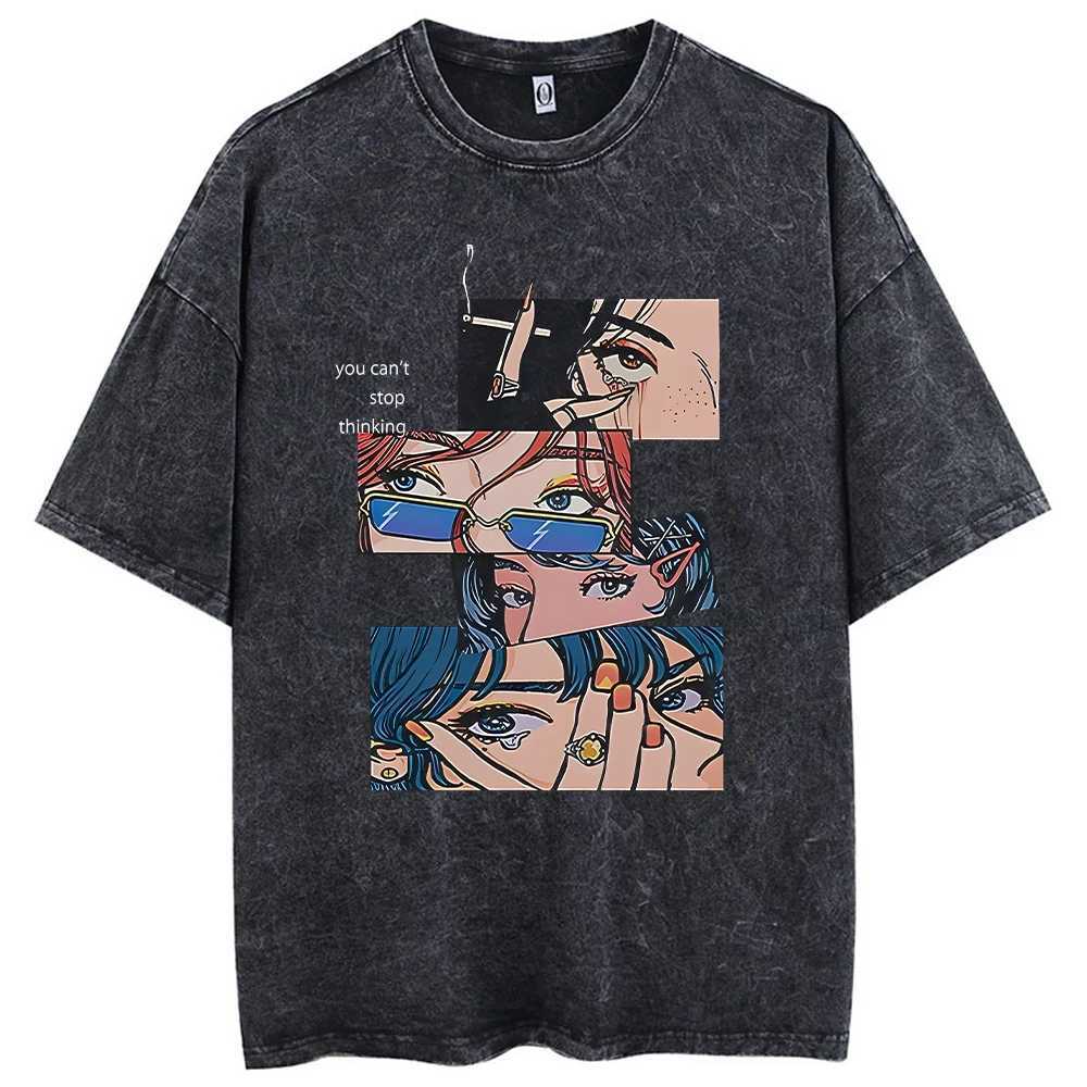 Hip hop mens streetwear retro wash T-shirt anime graphic T-shirt mens Harajuku cotton casual short sleeved loose retro topXJ250318