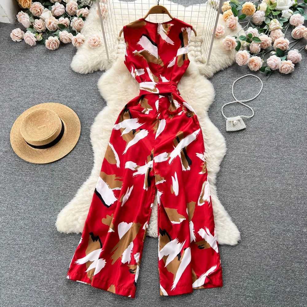 Women Summer Fashion Print Jumpsuits V-neck Slveless Romper Waistband Jumpsuits Euro Style Ladies Loose Leg Pants Overalls X250318