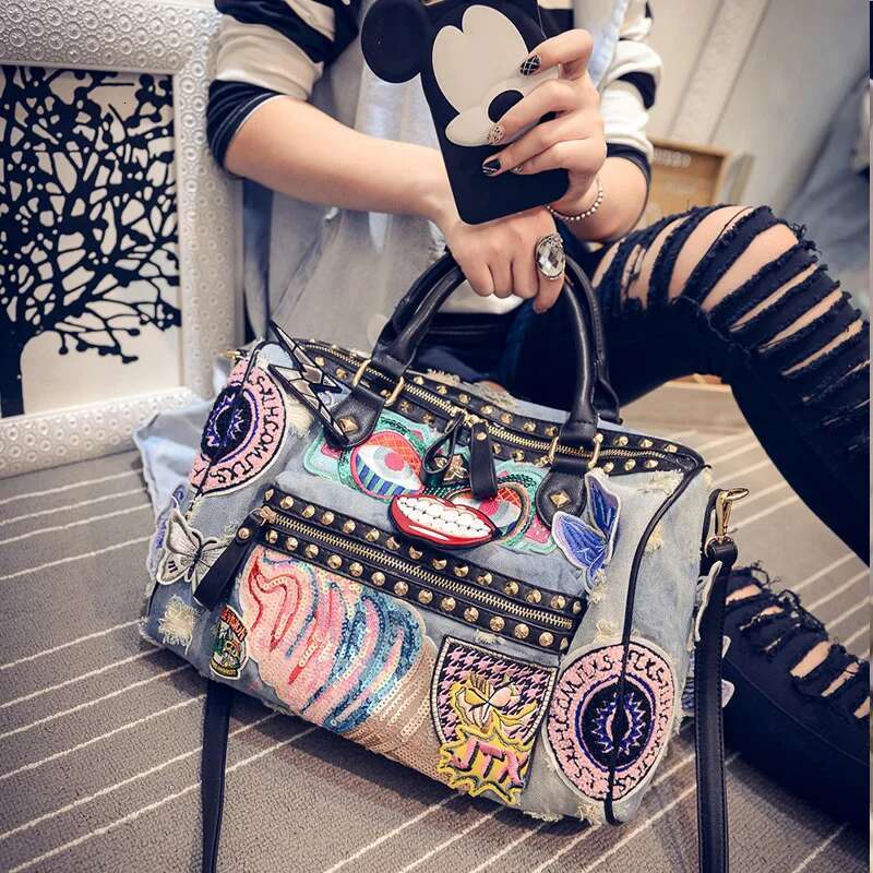 Rock Style Fashion Totes Women Denim Handbags Casual Shoulder Vintage Demin Blue Top Handle Bolsa Large Travel Bags