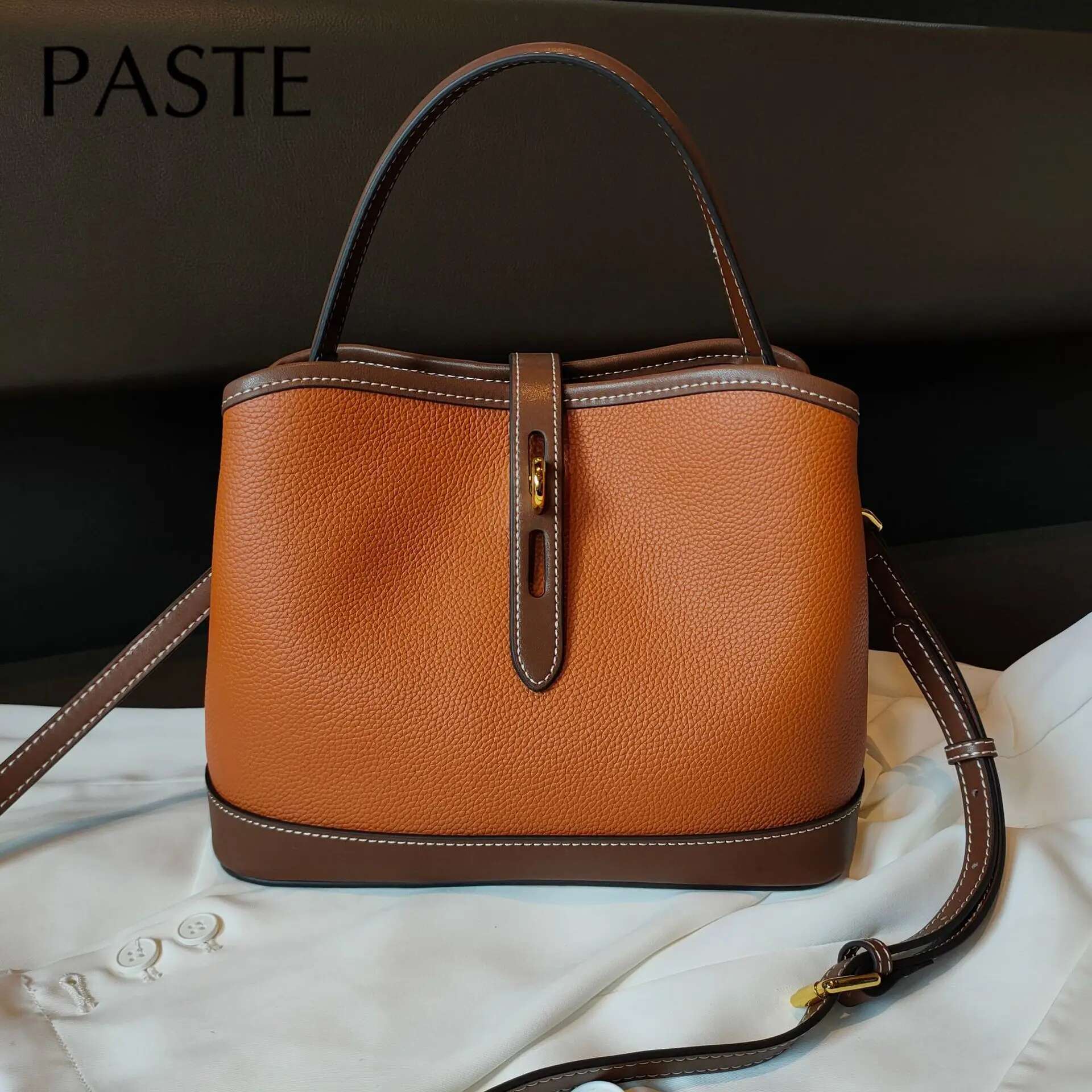 New Hit Color Retro Style Bucket Tote Cowhide Leather Women Handbag Brown Leisure Brand Design Ladies Shoulder Bag