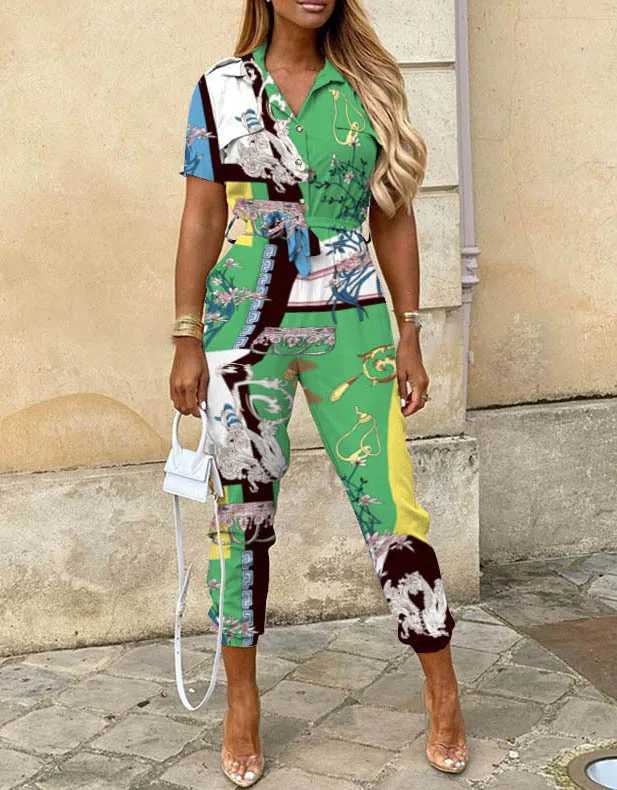 2024 Spring Summer Womens Slim Short Slves Jumpsuits Fashion Turn-down Collar High Waist Leace-up Printed Playsuit Strtwear X250318