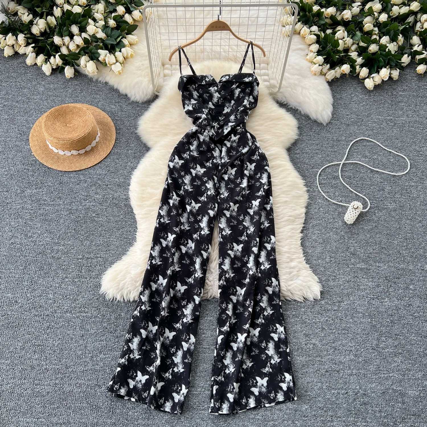2024 Womens Vacation Fashion jumpsuit Lace spaghetti strap pleated slim fit wide leg beach pants printed summer jumpsuit X250318