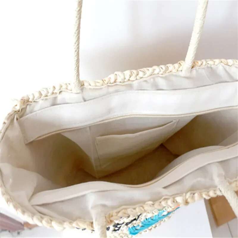 Summer Bohemia Beach Design Large Capacity Handmade Corn Husk Weaving Women's Tote Coconut Tree Embroidered Straw Bag