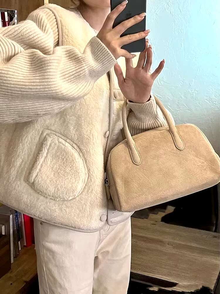 MABULA Vintage Women Genuine Suede Leather Tote Handbag Design Top Handle Phone Purse Fashion Ladies Work Commuter Bag