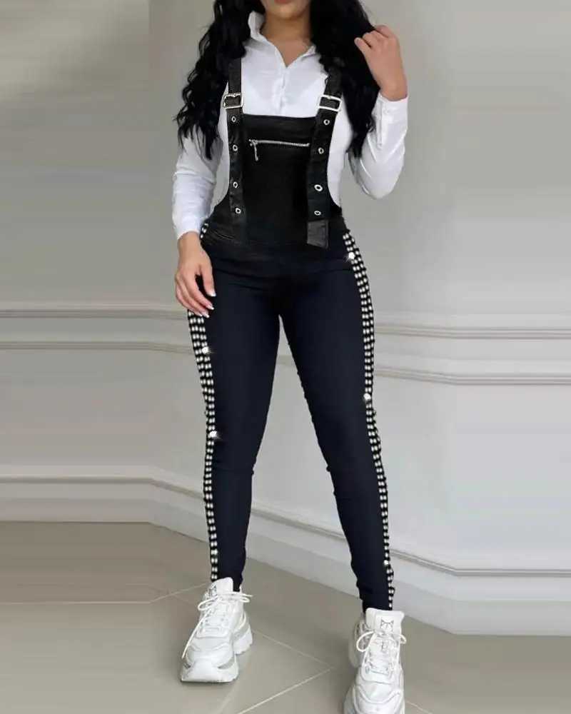Elegant rhinestone decorative buckle pendant jumpsuit for women in spring and summer 2025 casual plain weave tight fitting jumpsuit in black X250318