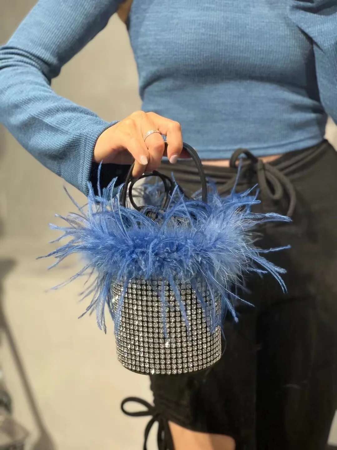 Fashion Ostrich Hair Bucket Women's Handbag Glitter Rhies Dia Evening Wedding Party Clutch Purse Shoulder Bag
