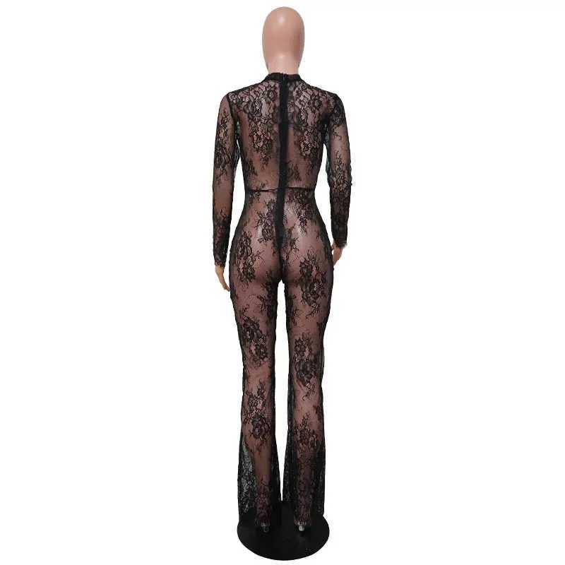 DRC long one-piece wide leg jumpsuit womens summer fashion black lace see through sexy nightclub set X250318