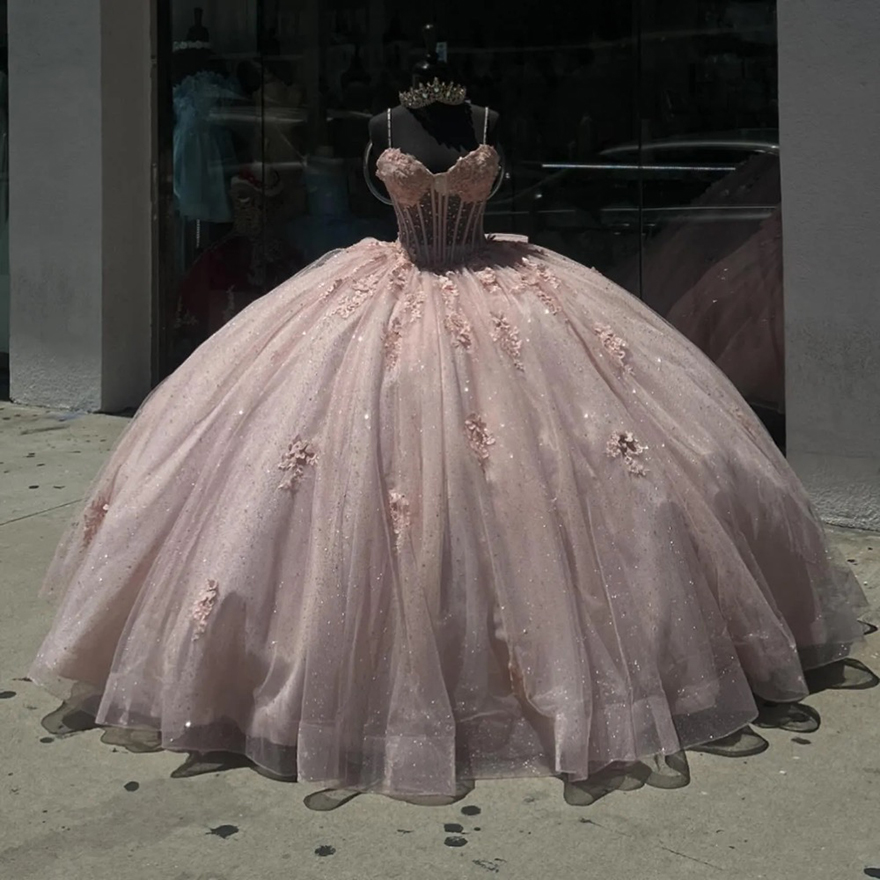 Dust Pink Princess Dresses Prom Ball Gown Bone Bodice Spaghetti Glitter Sequins Vestido De Quinceanera Appliqued 15 Masquerade Dress