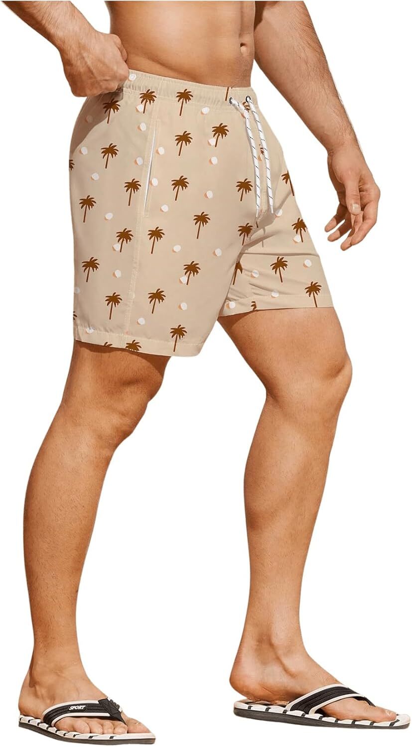 Men's Coconut Tree Print Hawaiian Shorts Tropical Drawstring Swim Trunks with Pocket Fashionable printed shorts