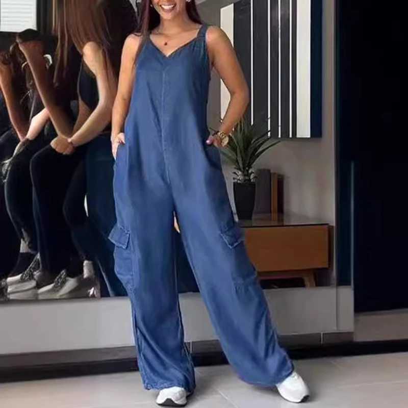 Sexy V-neck imitation denim jumpsuit womens spring clothing pocket straight pants Playsuit jumpsuit summer high waisted backless tight jumpsuit X25031