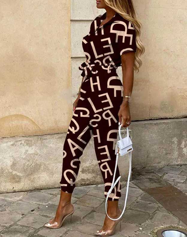 2024 Spring Summer Womens Slim Short Slves Jumpsuits Fashion Turn-down Collar High Waist Leace-up Printed Playsuit Strtwear X250318