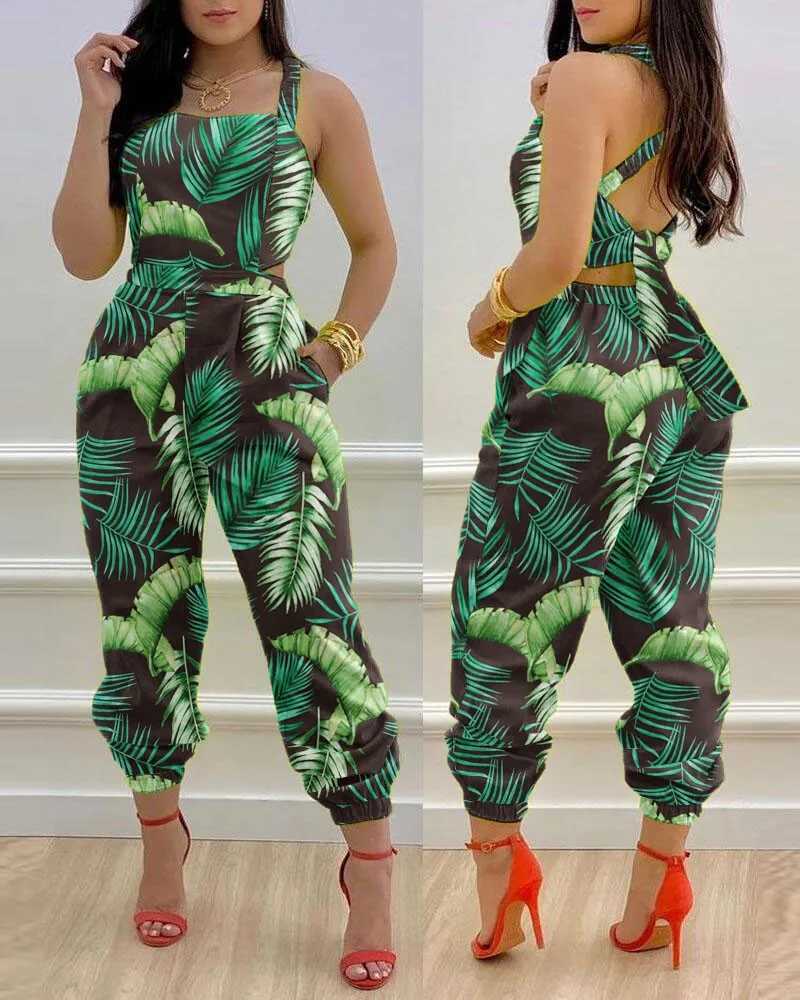 Womens jumpsuit elegant and sexy hanging print jumpsuit casual hip waist cover womens jumpsuit spring/summer 2024 X250318