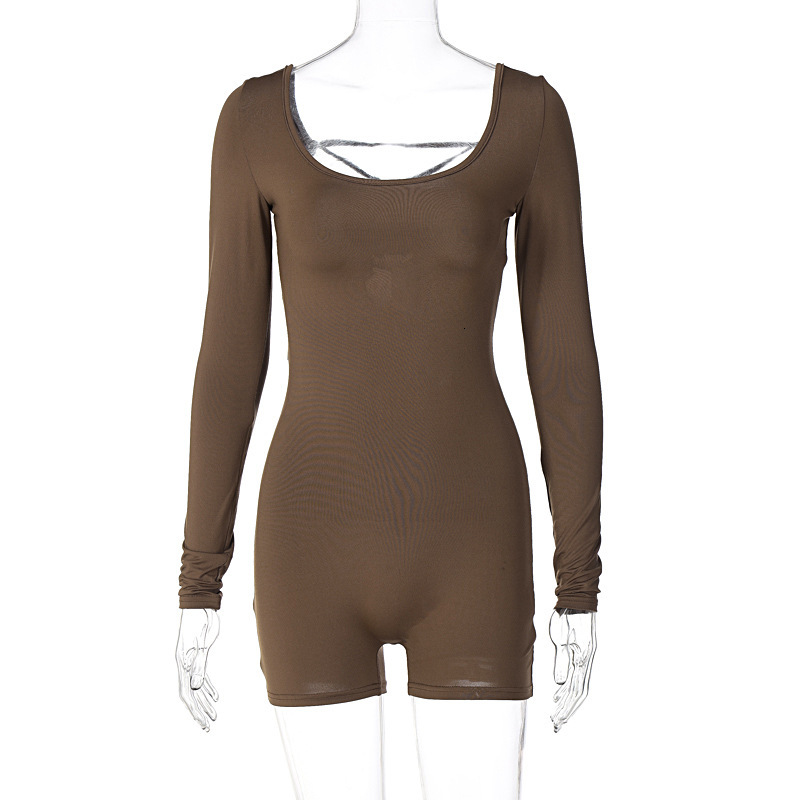 Women's Spring And Summer Long Sleeved U-Neck Lace Up Open Back Tight Fitting Sports Yoga Jumpsuit