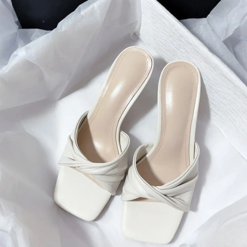Fashion Summer Women Shoes Handmade Square Open Toe High Heels Outdoor Fashion Slippers Apricot Off White 250317