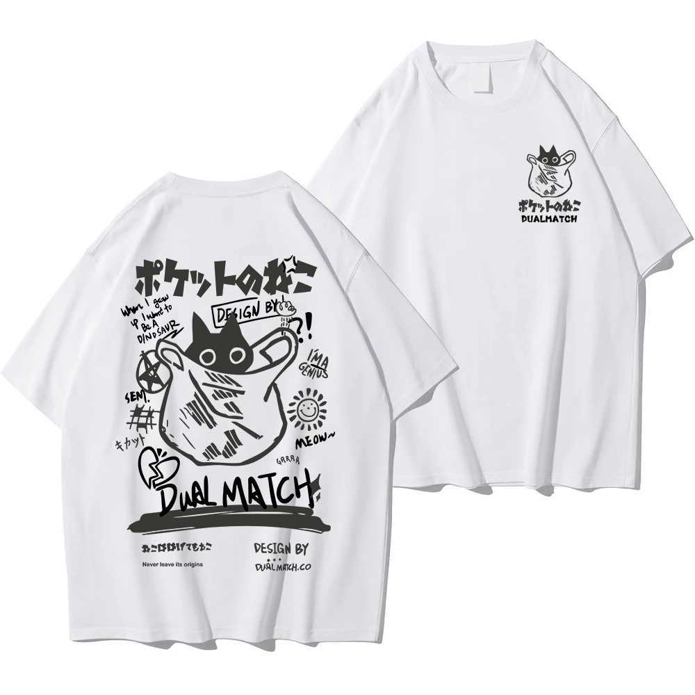 Men Women Cartoon T-Shirts 2024 Summer Harajuku Kawaii Cat Printed Short Sleeve Tees Couple Streetwear Loose Clothes Y2K TopsXJ250318