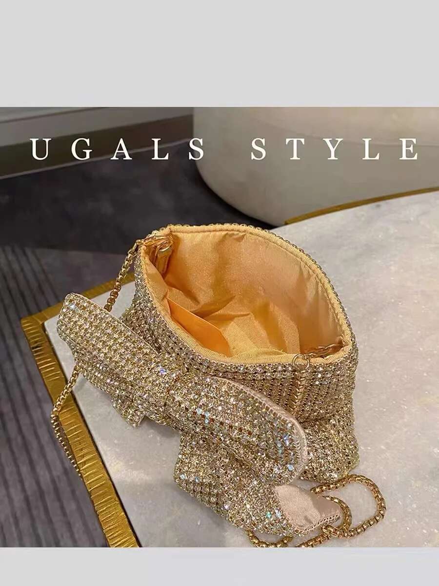 Glitter Bow Knot Women's Handbag Crystal Shiny Rhies Dia Evening Wedding Party Clutch Purse Crossbody Bag