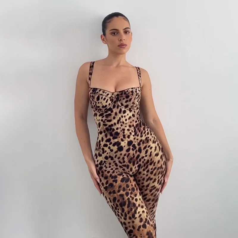 Sexy jumpsuit womens Sveless Trend Leopard Print Sveless Strt Fit Stretch Activity Workout Overview X2503181