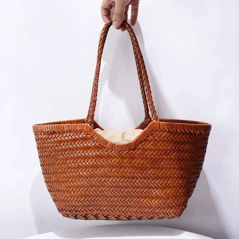 Genuine Leather Handwoven Tote Bags For Women Designer Handbag And Purses 2024 New In Cowhide With Inner Pocket Shoulder