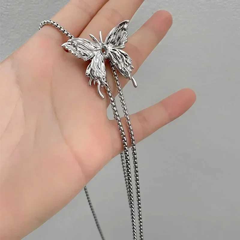 Irregular liquid metal butterfly necklace silver butterfly pendant adjustable stainless steel chain punk hip-hop jewelry W250318