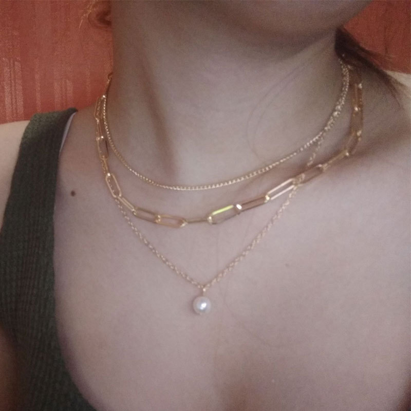 Three Layers Of Metal Chain Imitation Pearl Pendant Necklace Women's Multiple Layers Of Choker Collarbone Chain