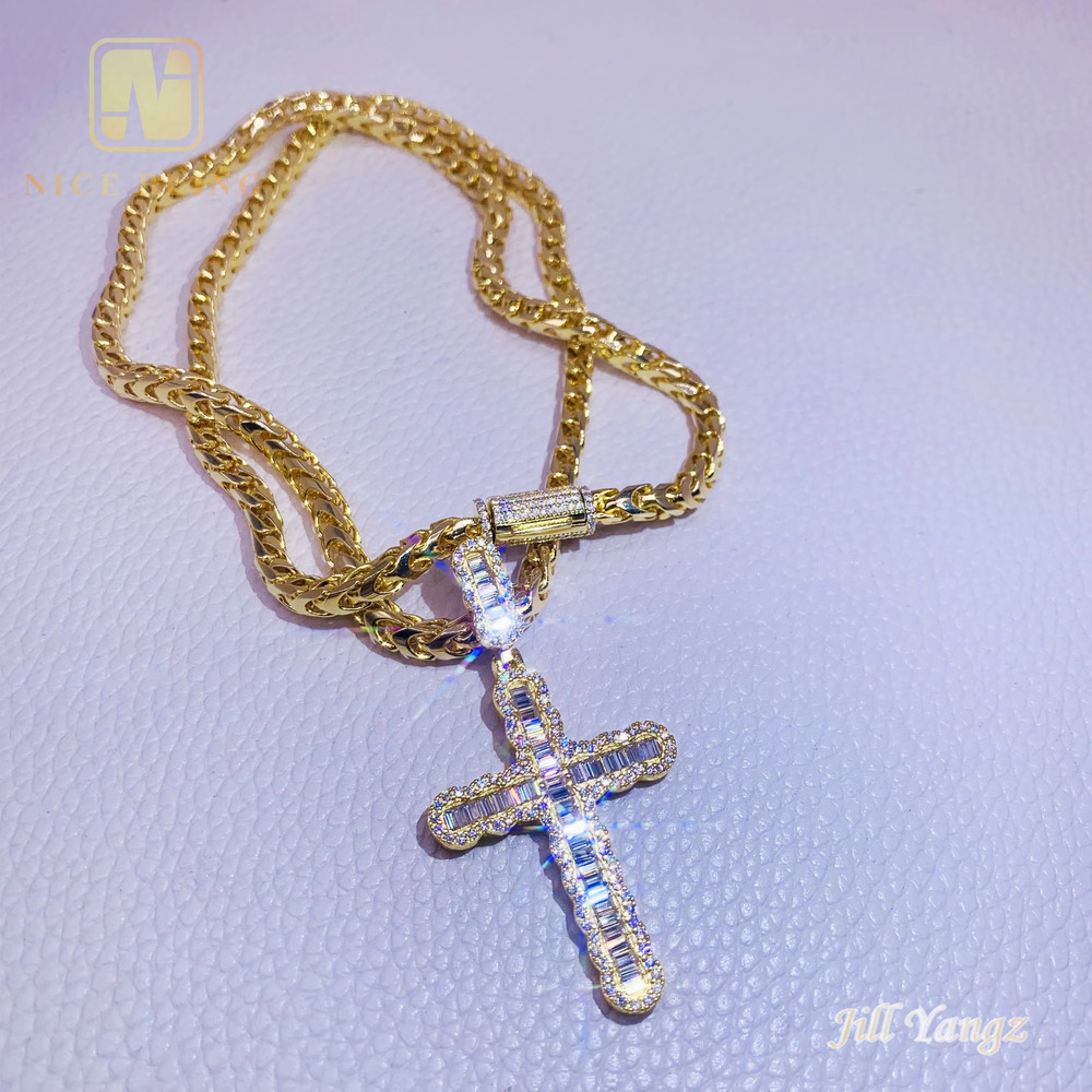 Pass Diamond Tester Cross Pendant Baguette Moissanite 925 Silver Hip Hop Rock Iced Out Pendant Lucky Charms Custom Accepted