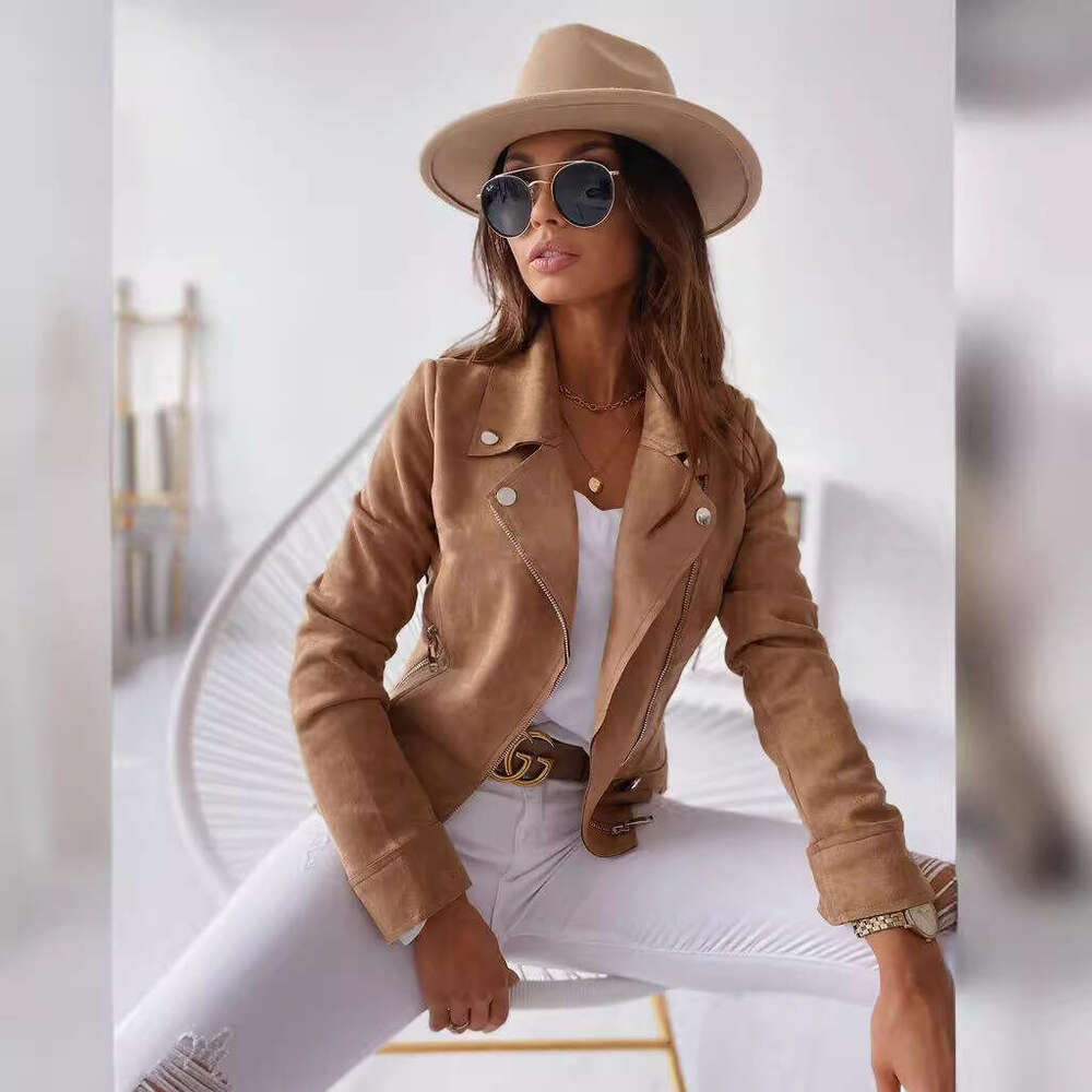 European and American slim fit lapel zipper deerskin veet short jacket 2025 new casual versatile fashion clothing