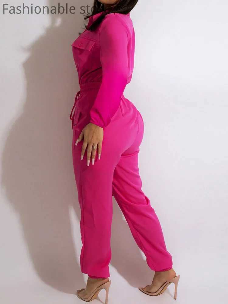 Womens jumpsuit pocket front button brushed straight jumpsuit solid color wrapped cargo pants X250318