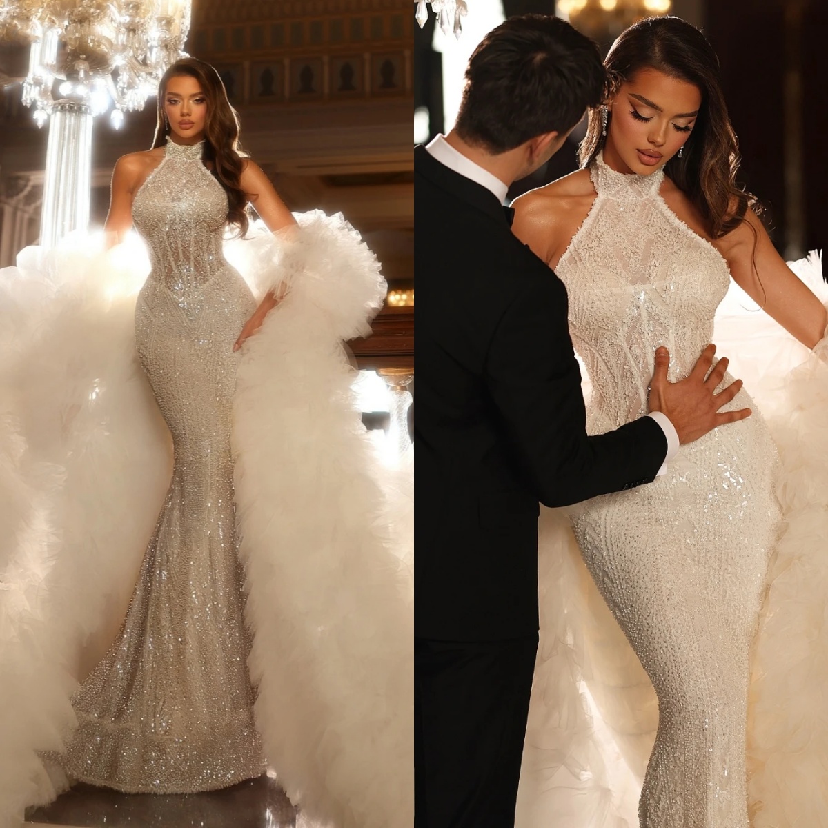 Gorgeous Mermaid Wedding Dress High Collar Sleeveless Bridal Gowns With Wrap Sequins Lace Sweep Train Dresses Custom Made vestidos de novia