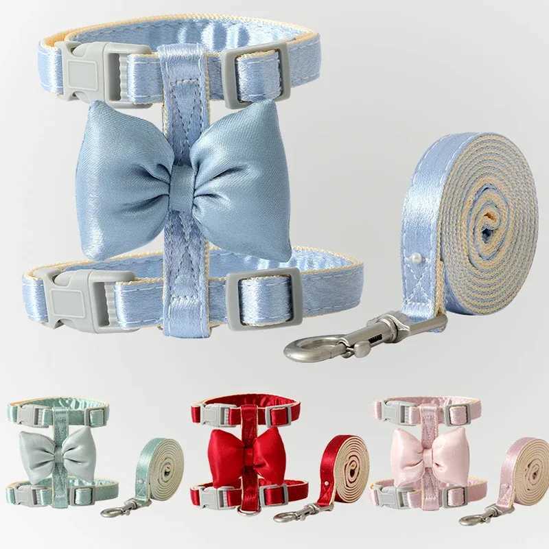 Princess Cat Strap Vest Shiny Satin Bow Knot Walking Puppy Strap and Belt Set Adjustable Durable Collar for TrainingT250318
