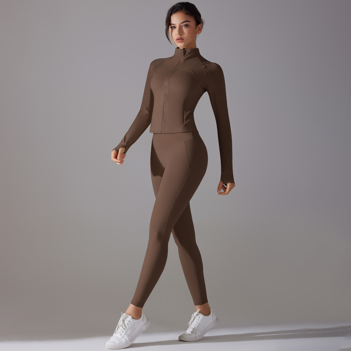 New leggings solid color antibacterial non wearing underwear zipper jacket yoga suit set, sports running fitness two-piece set tracksuit