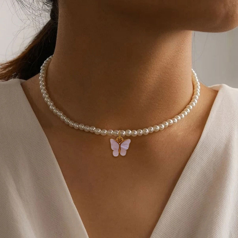 Imitation Pearl Acrylic Butterfly Pendant Necklace Women's Bohemian Choker Collarbone Chain Jewelry