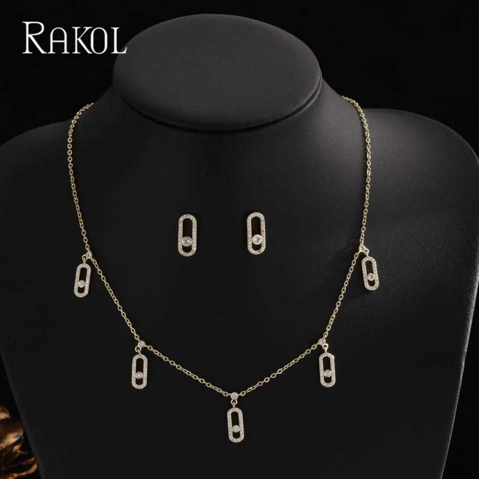 RAKOL Stylish Geometric Paper Clip Zircon Pendant Necklace Earrings For Women Men Gold Silver Color Statement Jewelry Set Gifts W250318