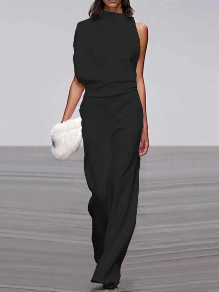 Solid color irregular Sveless jumpsuit womens fashionable temperature sexy backless foldable Slightly Flared jumpsuit women 2024 X250318