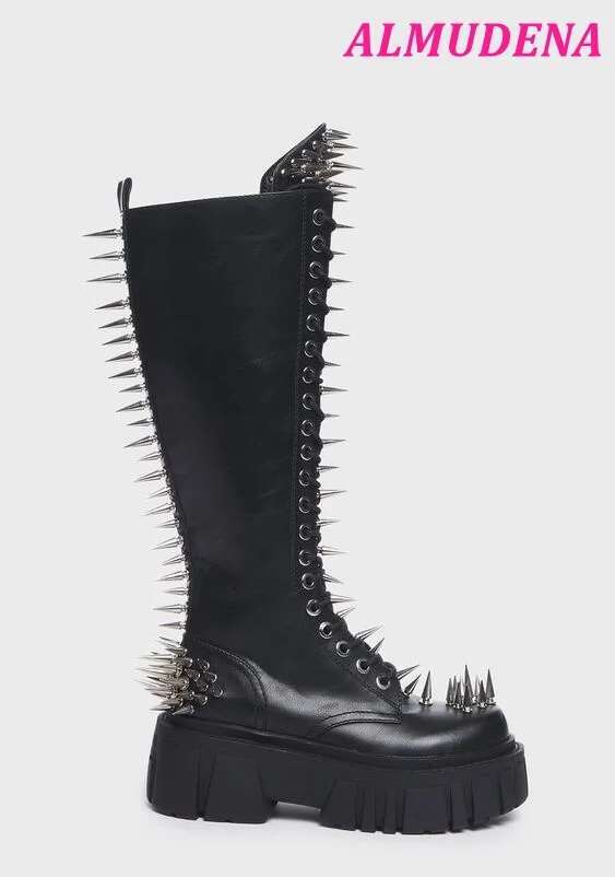 Black Spiked Studs Knee High Women Leather Lace Up Platform Flat Punk Long Boots 2024 New Big Size Designer Shoes