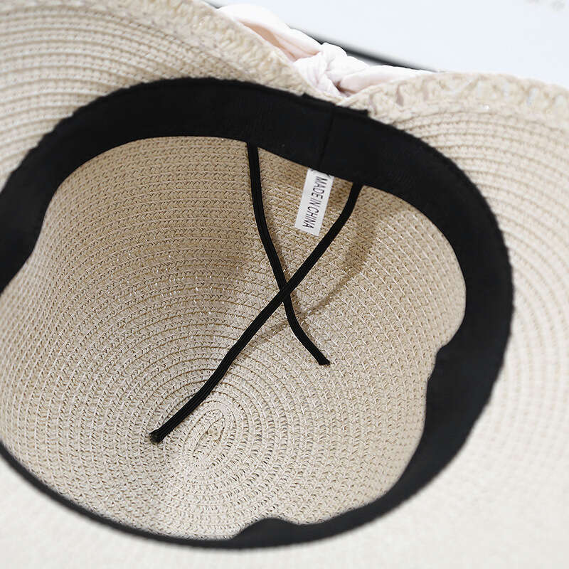 Women's Summer Outdoor Big Eaves Protection Grass Bow Beach Folding Weave Sun Hat