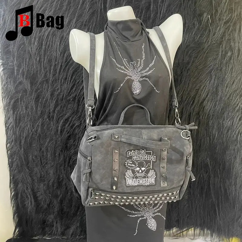 Y2k Girl Vintage Harajuku Punk Gothic Skeleton Rivet Womens Versatile Fashion Backpack Casual Large capacity Two Shoulders bag 250318