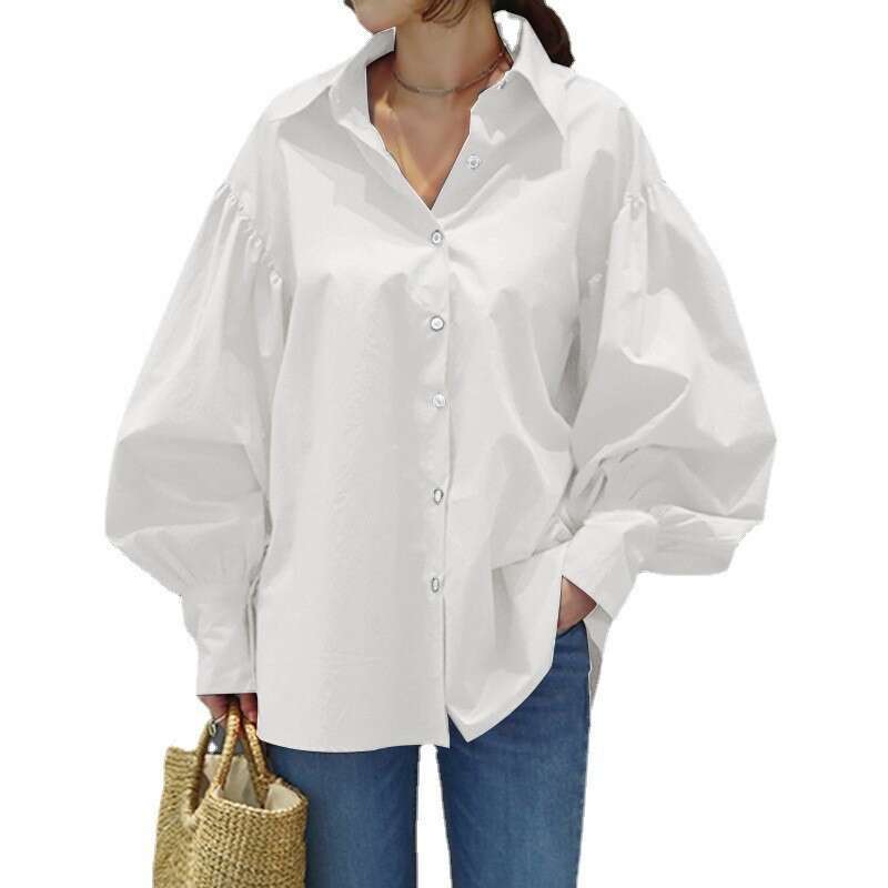 Casual shirt, casual lantern sleeve lapel 2025 solid color top, office women's shirt