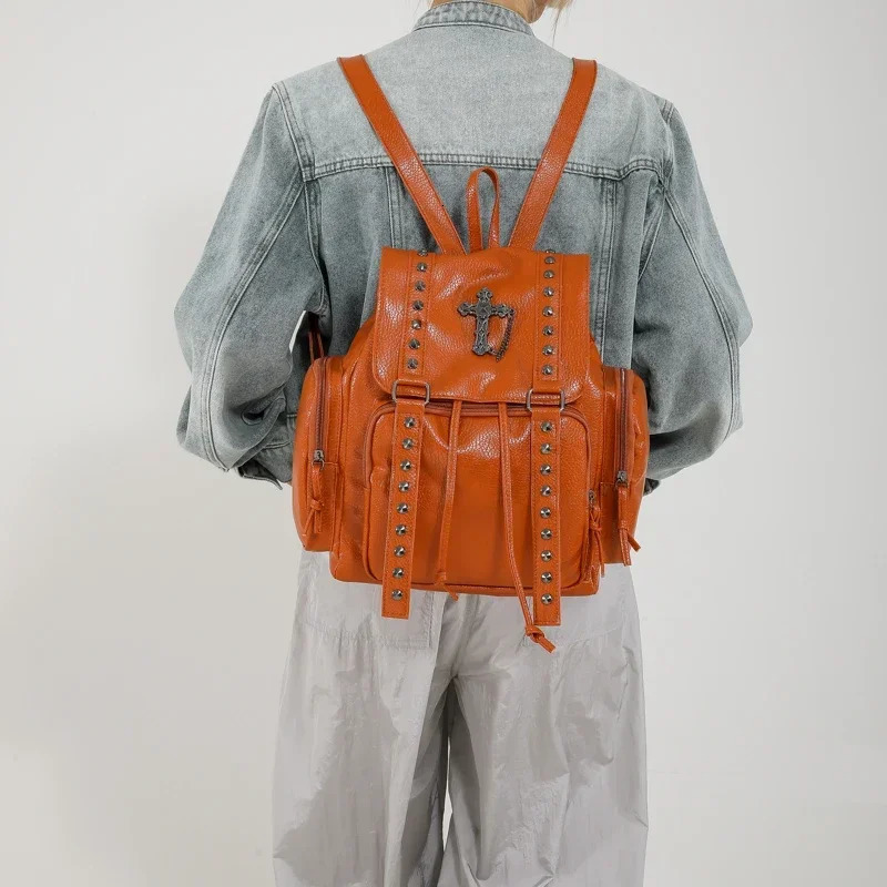 Rivet Y2K Backpack Women Gothic Punk PU Leather Shoulder Bag Ladies Vintage Harajuku Backpacks College Large Capacity School Bag 250318