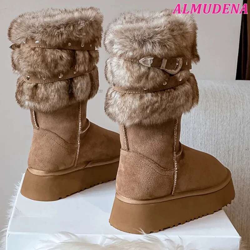 Flat Platform Brown Fur Snow Boots Women's Round Toe Buckled Winter Warm Mid Calf Boot Designer Soft Causal Dress Shoes