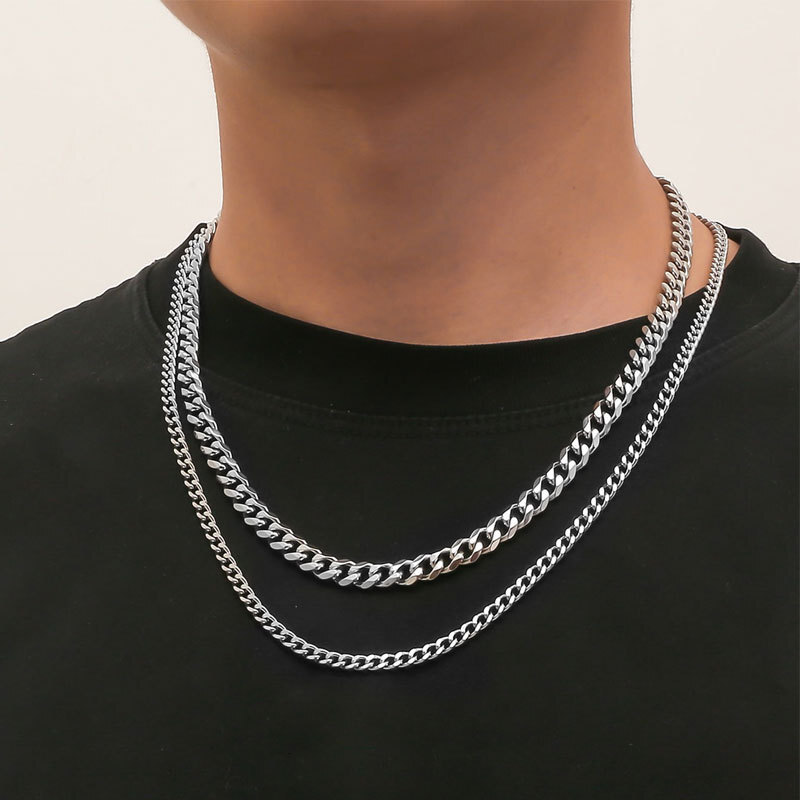 Six Sides Ground Stainless Steel Double Necklace Male Hip Hop Personality Titanium Steel Long Sweater Chain Jewelry