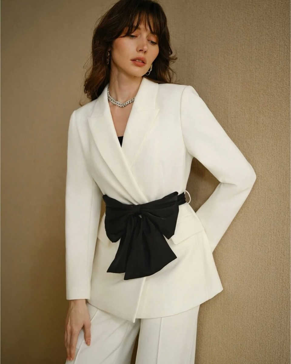 Customized Elegant Women Pants Suits With Black Sashes Ladies Prom Birthday Party Formal Wear Outfit Jacket 2 Pieces