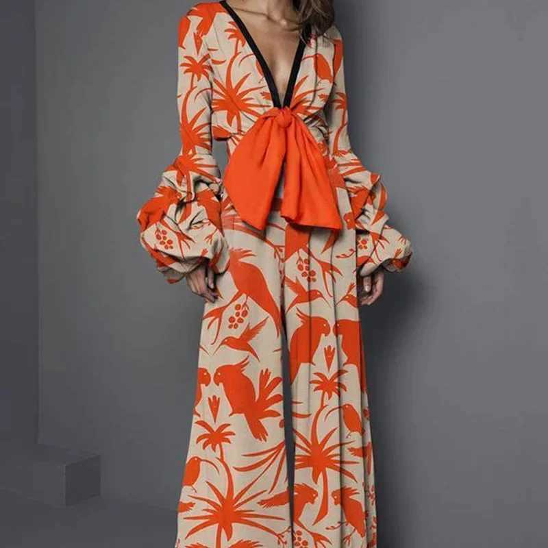 Elegant Women Lantern Slve Jumpsuit Sexy Dp V Tie-up Bowknot Romper Commuter Fashion Print Loose Wide Leg Playsuit Overalls X250318
