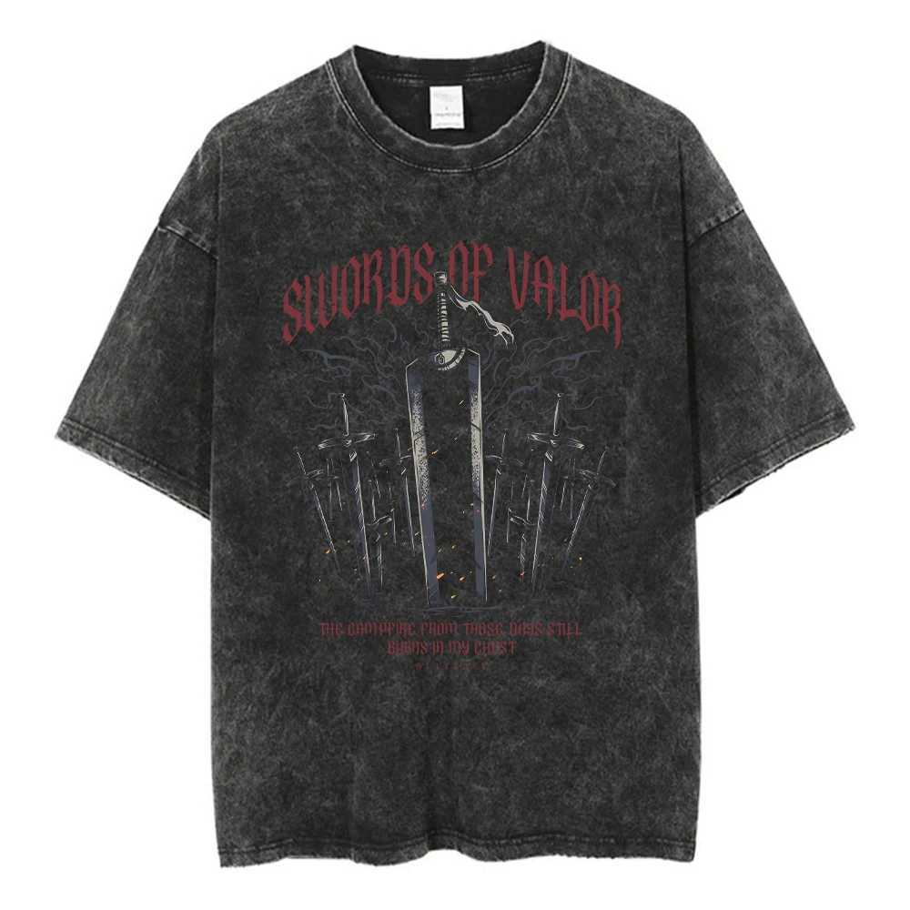 Berserk Guts acid T-shirt retro wash graphic T-shirt mens Harajuku cotton casual short sleeved T-shirt top unisexT250318