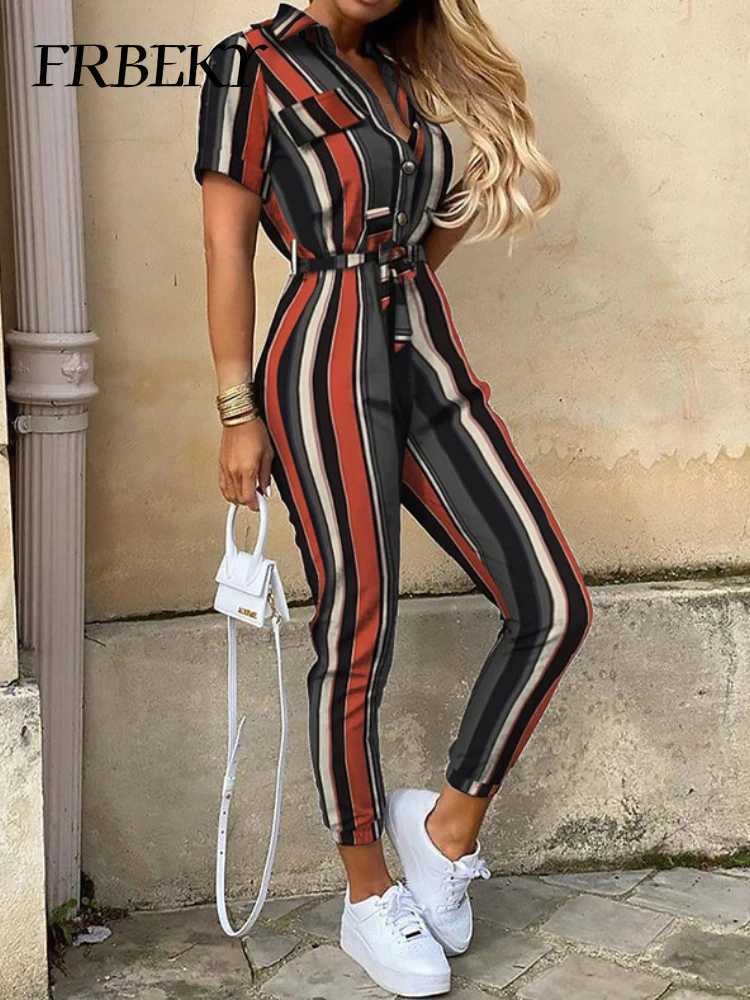 Womens casual lapel lace printed work belt jumpsuit womens one-piece tight fitting clothing womens fashionable and elegant long jumpsuit X250318