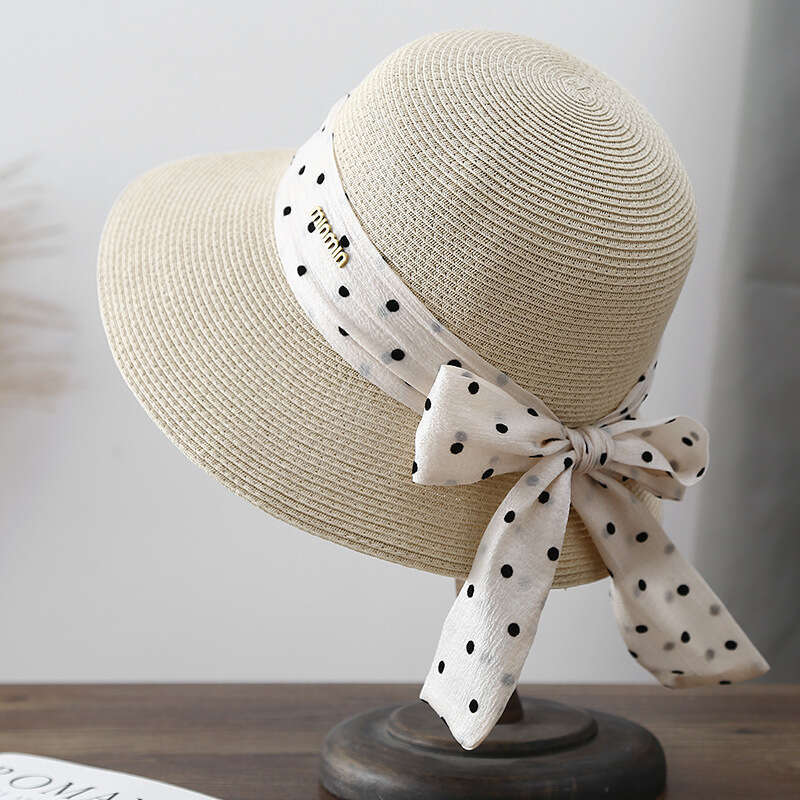 Hat Female British polka dot dome bow beach straw summer travel protection sun hat tide