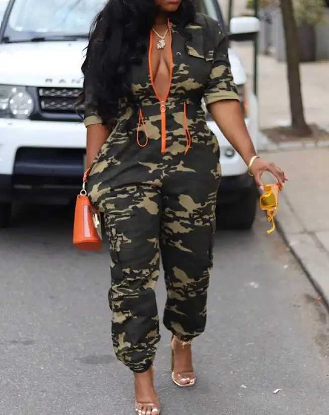 Fashion womens jumpsuit 2025 summer camouflage print zipper pocket design casual one-piece jumpsuit Strtwear Y2K clothing X2503181